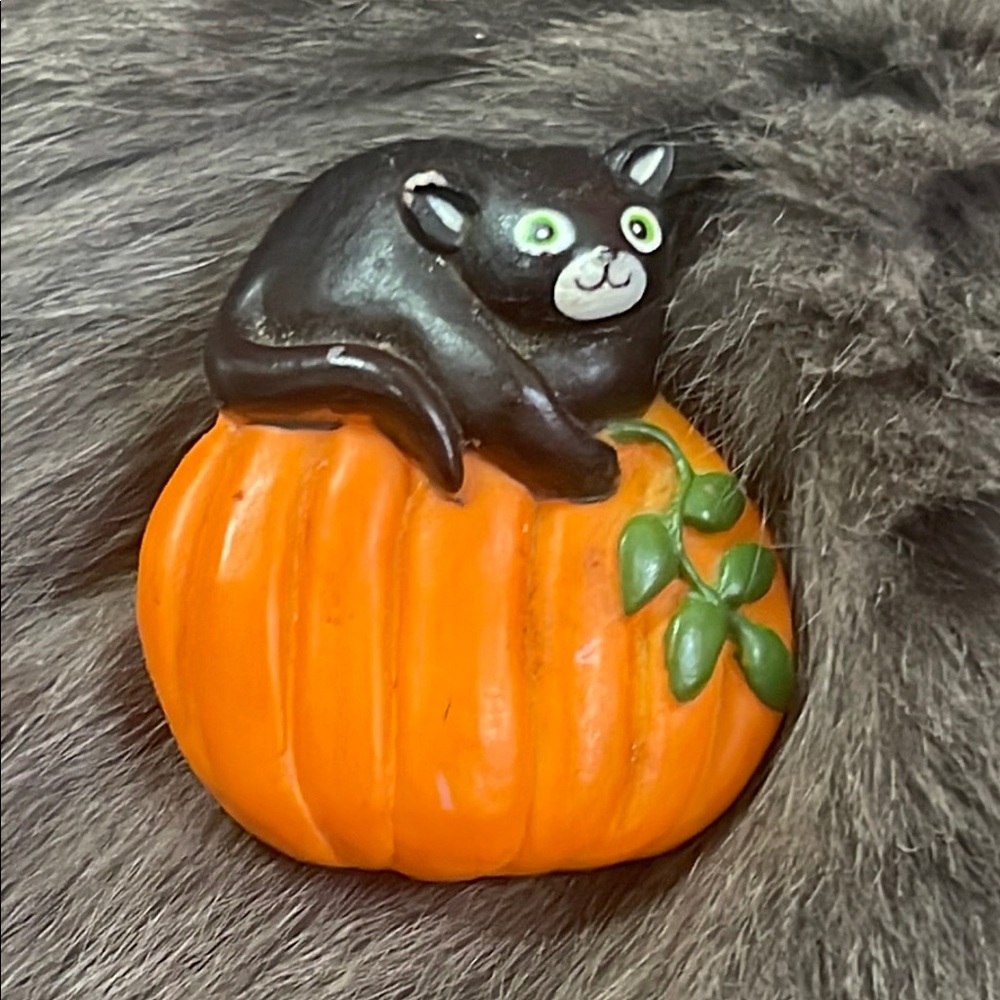 Vintage Black Cat on Orange Pumpkin Brooch